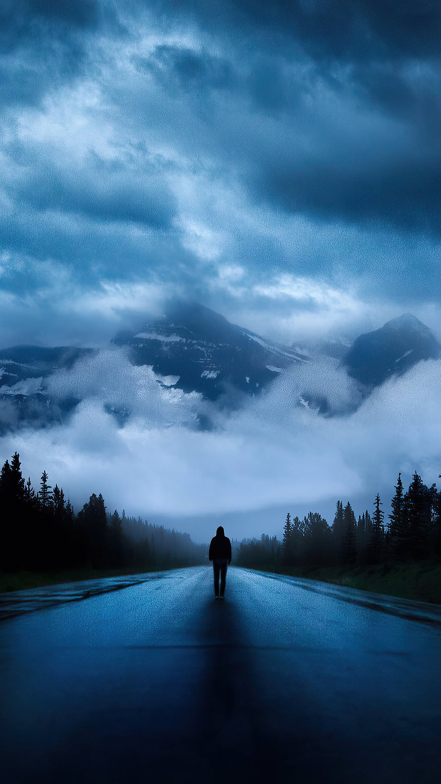 Solitary Figure Walking on Wet Road Toward Misty Snow-Capped Mountains Under Dramatic Clouds HD phone wallpaper