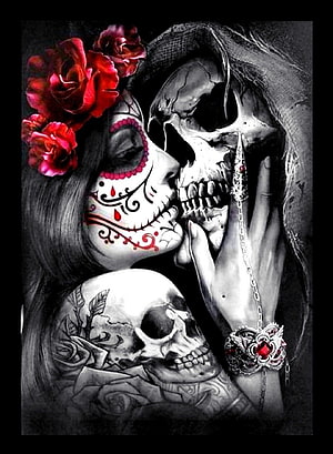 Day of the Dead Lovers: Sugar Skull Woman and Skeleton in Romantic Embrace with Red Roses HD phone wallpaper
