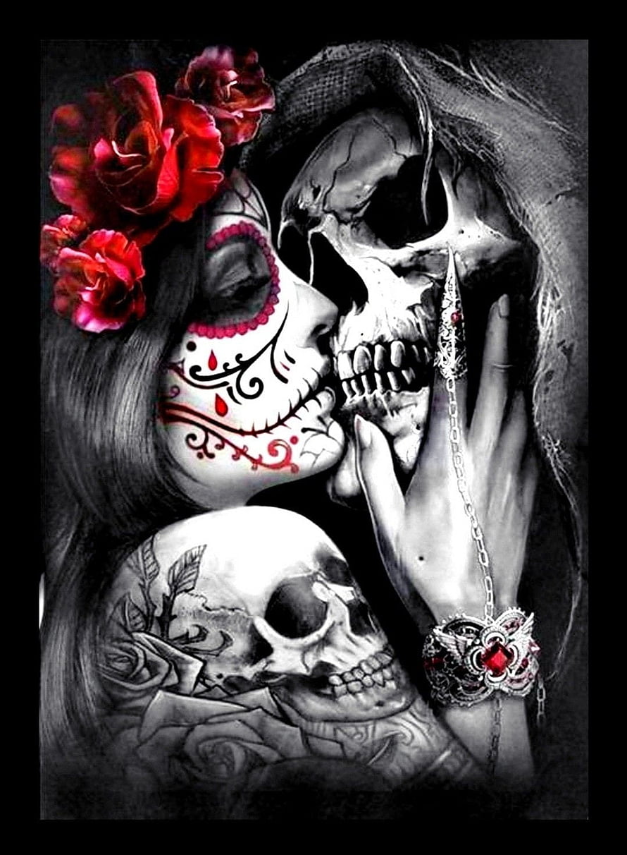 Day of the Dead Lovers: Sugar Skull Woman and Skeleton in Romantic Embrace with Red Roses HD phone wallpaper