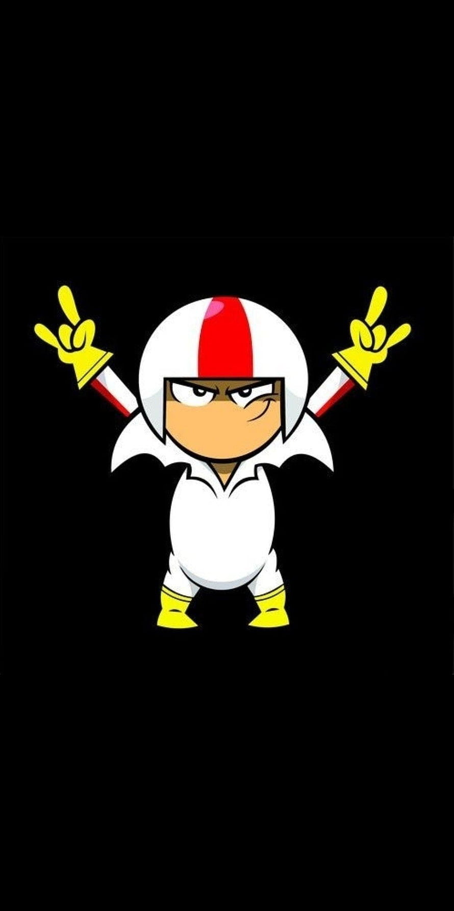 Kick Buttowski cartoon character in white and red racing suit with arms raised on black background HD phone wallpaper