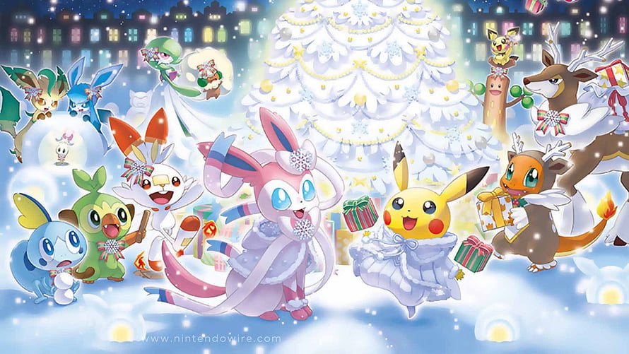 Pokémon Holiday Celebration with Pikachu and Sylveon in a Winter Snowscape HD wallpaper
