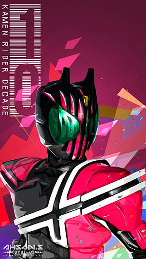 Kamen Rider Decade Geometric Low Poly Artwork with Vibrant Magenta and Green Accents HD phone wallpaper