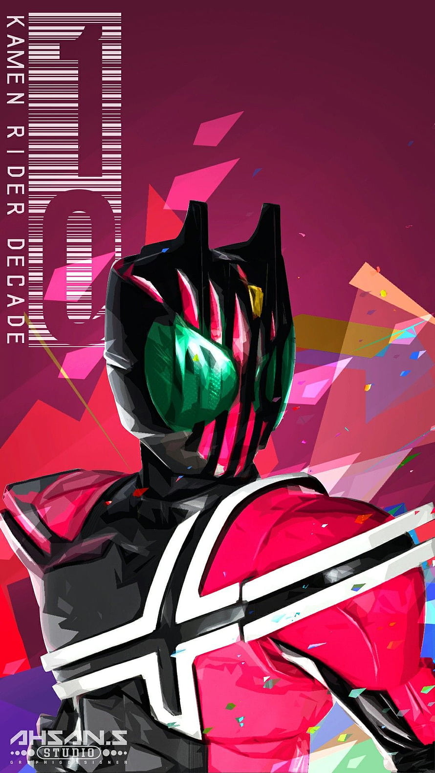 Kamen Rider Decade Geometric Low Poly Artwork with Vibrant Magenta and Green Accents HD phone wallpaper