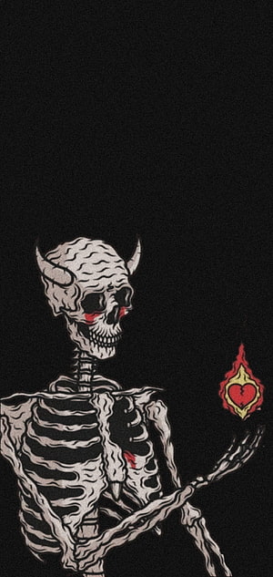 Horned Skeleton Holding a Burning Heart Tattoo Design on Black Background HD phone wallpaper