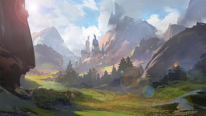 Majestic Fantasy Castle Perched on Mountain Peak in Misty Valley HD wallpaper