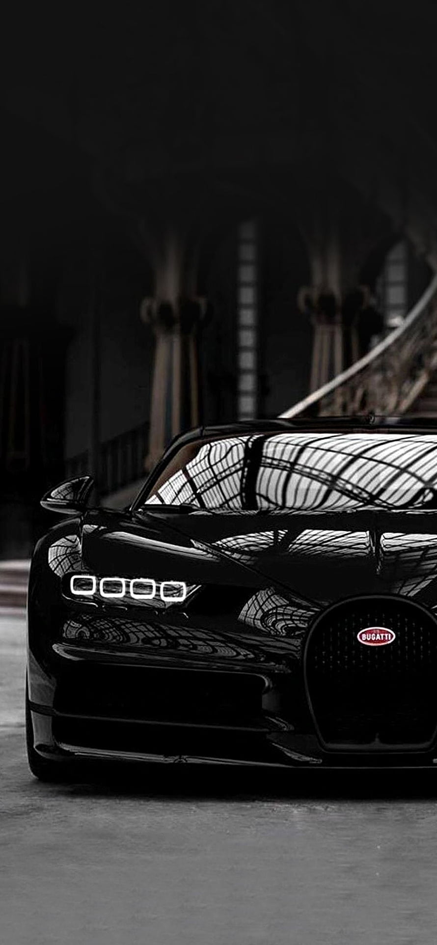 Black Bugatti Chiron Front View in Dark Industrial Setting HD phone wallpaper