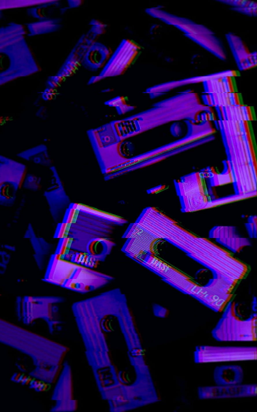 Retro VHS Cassettes in Neon Purple and Blue Glitch Art Style HD phone wallpaper