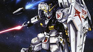 Nu Gundam Space Battle Scene from Mobile Suit Gundam anime with beam rifle and shield HD wallpaper