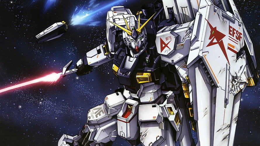 Nu Gundam Space Battle Scene from Mobile Suit Gundam anime with beam rifle and shield HD wallpaper