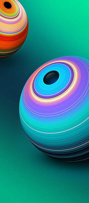 Vibrant 3D Abstract Spheres with Iridescent Concentric Rings on Teal Background HD phone wallpaper