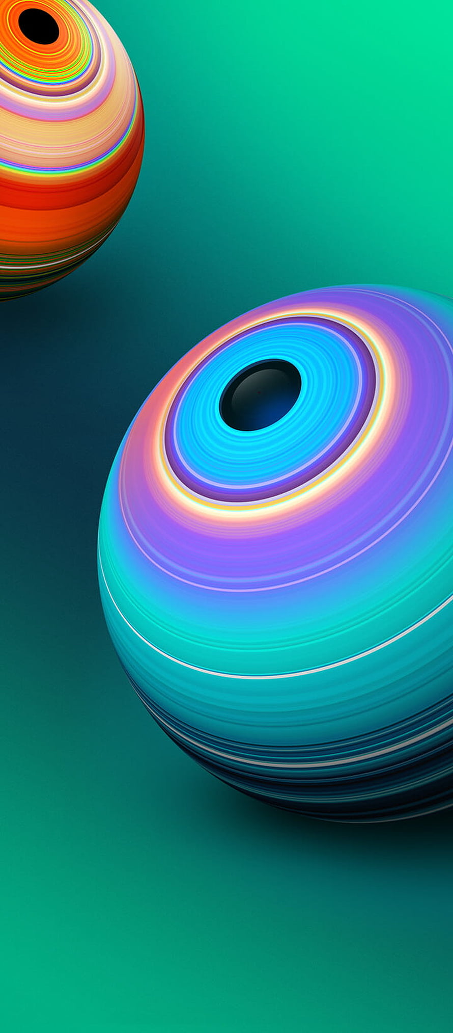 Vibrant 3D Abstract Spheres with Iridescent Concentric Rings on Teal Background HD phone wallpaper
