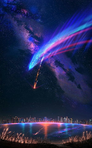 Neon Aurora Over Futuristic City Skyline with Cosmic Nebula and Starry Night Sky HD phone wallpaper