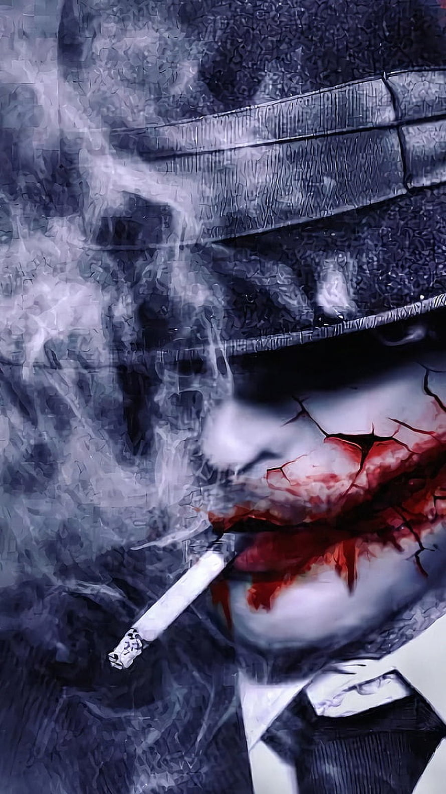 Joker Smoking Cigarette With Dark Cracked Face And Billowing Smoke HD phone wallpaper