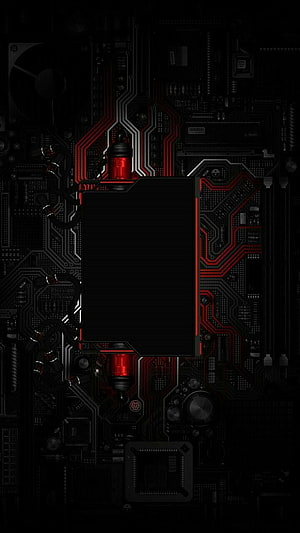 Dark Circuit Board with Red Glowing Traces and Black GPU Cooler HD phone wallpaper