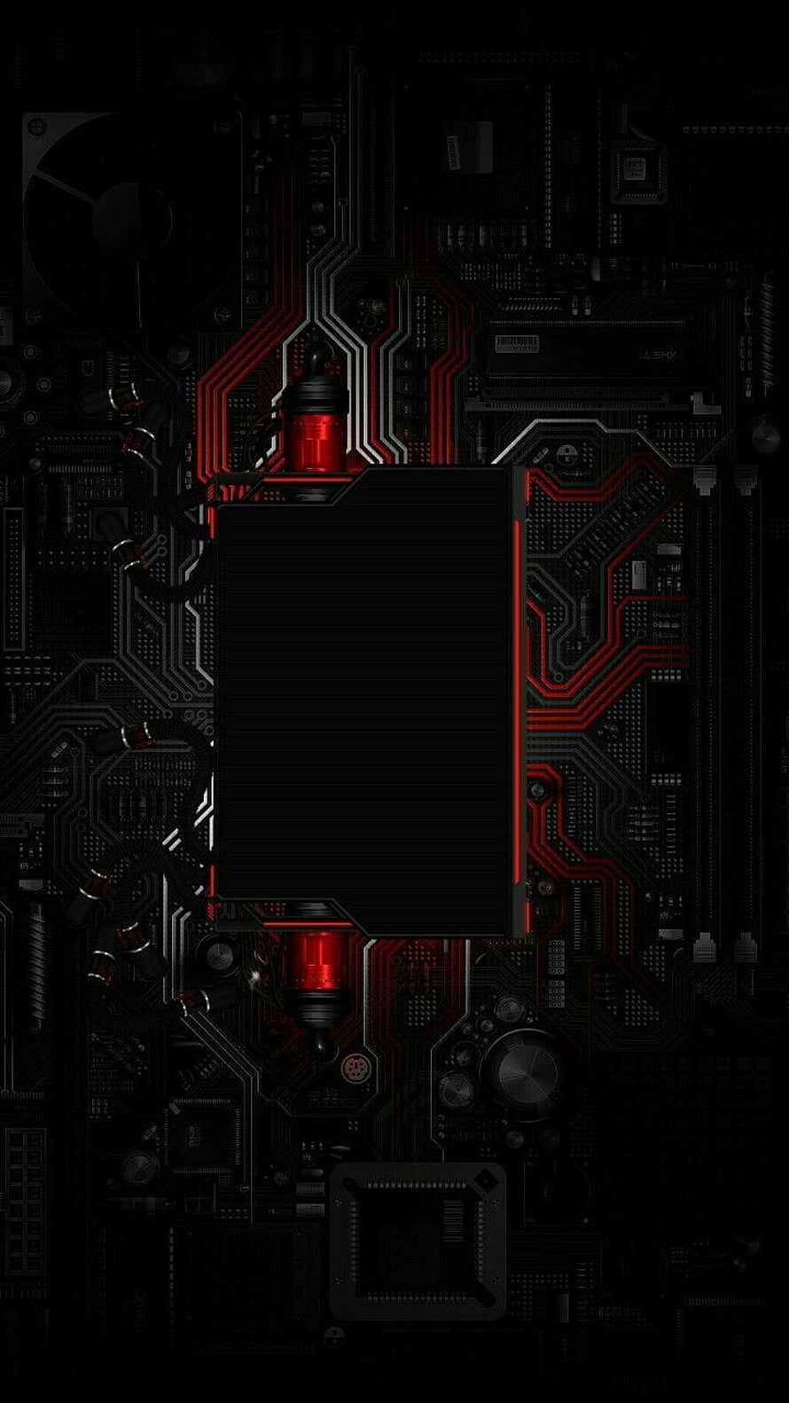 Dark Circuit Board with Red Glowing Traces and Black GPU Cooler HD phone wallpaper