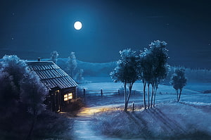 Cozy Snowy Cabin Under a Bright Full Moon in a Serene Winter Night Landscape HD wallpaper
