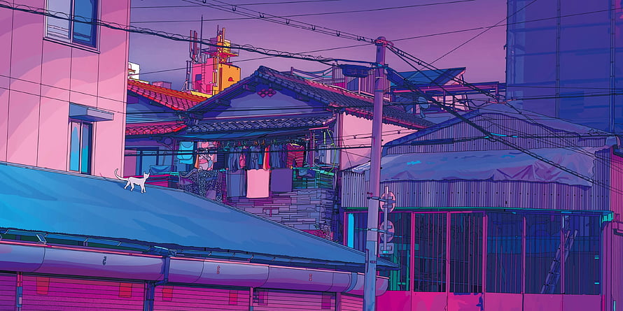 Vibrant Pink Anime Cityscape with Rooftop Cat and Tangled Power Lines HD wallpaper