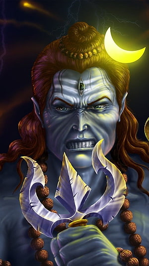 Rudra Shiva Digital Art Portrait With Trishula Crescent Moon And Rudraksha Beads HD phone wallpaper