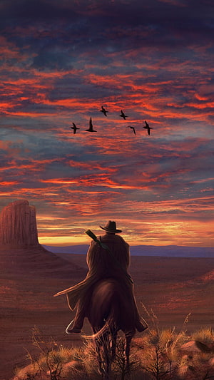 Lone Cowboy on Horseback Gazing at a Fiery Sunset Over the American West in Red Dead Redemption 2 HD phone wallpaper