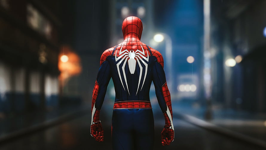 Miles Morales Spider-Man Walking Through Rainy City Street at Night HD wallpaper