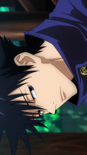 Megumi Fushiguro from Jujutsu Kaisen in a dramatic close-up with spiky black hair and a blue hood HD phone wallpaper