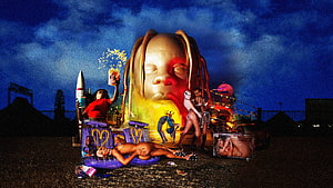 Travis Scott Astroworld Festival Scene With Giant Head Sculpture And Night Sky HD wallpaper