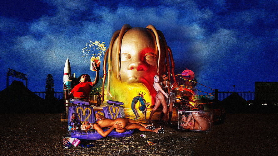 Travis Scott Astroworld Festival Scene With Giant Head Sculpture And Night Sky HD wallpaper