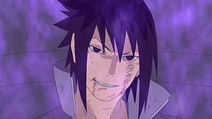 Sasuke Uchiha with a sinister grin against a purple misty background HD wallpaper