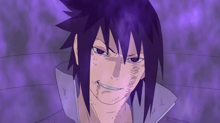 Sasuke Uchiha with a sinister grin against a purple misty background HD wallpaper