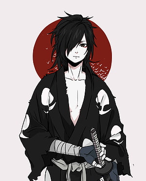 Hyakkimaru from Dororo in Black Kimono Holding Katana Against Red Sun HD phone wallpaper