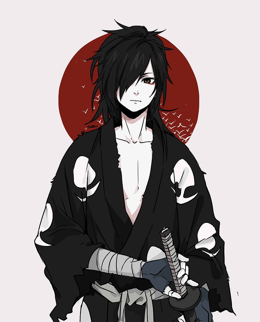 Hyakkimaru from Dororo in Black Kimono Holding Katana Against Red Sun HD phone wallpaper