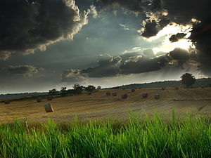 Dramatic Storm Clouds Over a Harvested Wheat Field with Hay Bales HD wallpaper