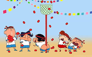 Crayon Shin-chan Kids Playing Bean Toss Game at Outdoor Festival HD wallpaper