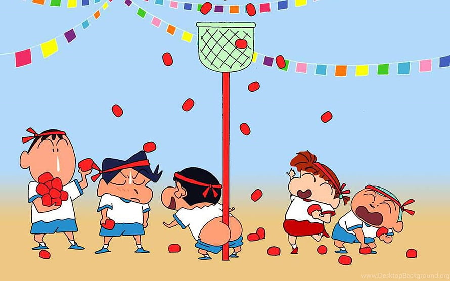 Crayon Shin-chan Kids Playing Bean Toss Game at Outdoor Festival HD wallpaper