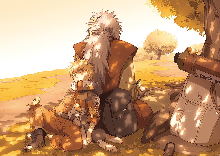 Naruto Uzumaki and Jiraiya Resting Under Autumn Trees in Warm Golden Light HD wallpaper