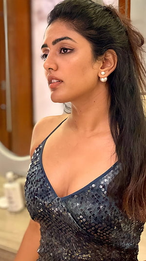 Eesha Rebba in a Sparkling Sequined Evening Gown with Pearl Earrings HD phone wallpaper