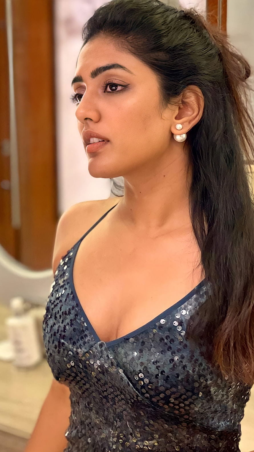 Eesha Rebba in a Sparkling Sequined Evening Gown with Pearl Earrings HD phone wallpaper