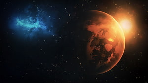 Dramatic Alien Planet with Blue Nebula and Glowing Star in Deep Space HD wallpaper