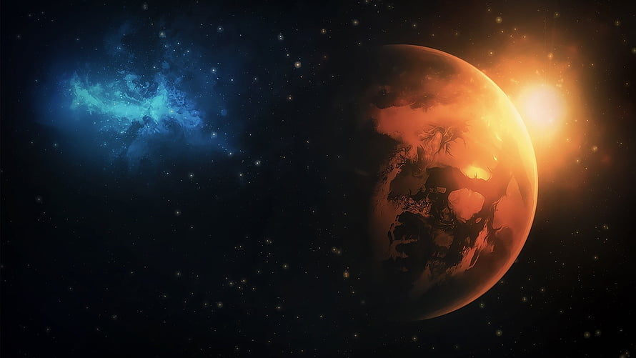 Dramatic Alien Planet with Blue Nebula and Glowing Star in Deep Space HD wallpaper