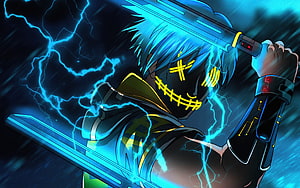 Anime Villain Wielding Glowing Blue Swords Amidst Electric Storm HD wallpaper