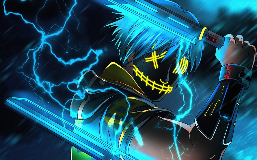 Anime Villain Wielding Glowing Blue Swords Amidst Electric Storm HD wallpaper