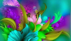 Vibrant Fantasy Floral Digital Art with Butterfly and Neon Blooms HD wallpaper