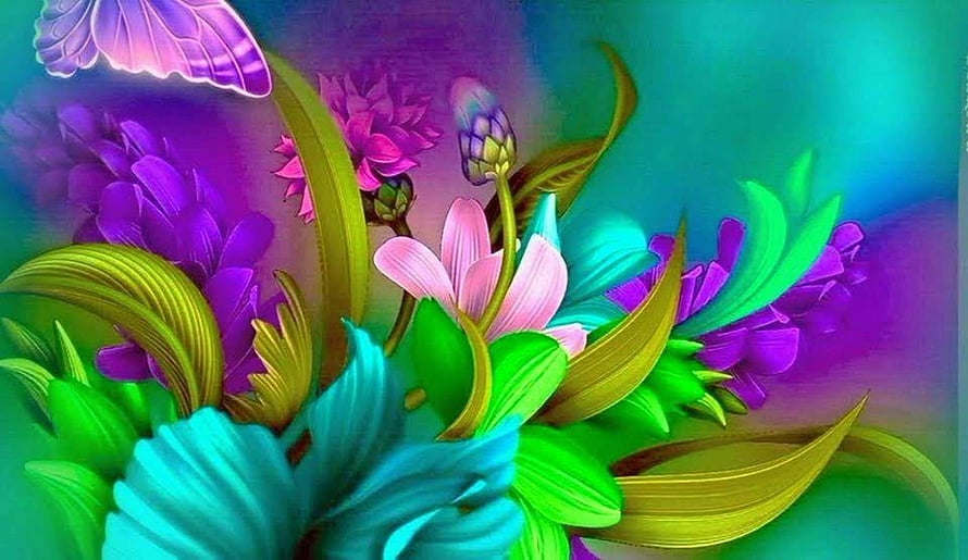 Vibrant Fantasy Floral Digital Art with Butterfly and Neon Blooms HD wallpaper