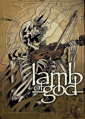 Lamb of God Skeleton Violinist Illustration with Sepia Tones and Gothic Typography HD phone wallpaper