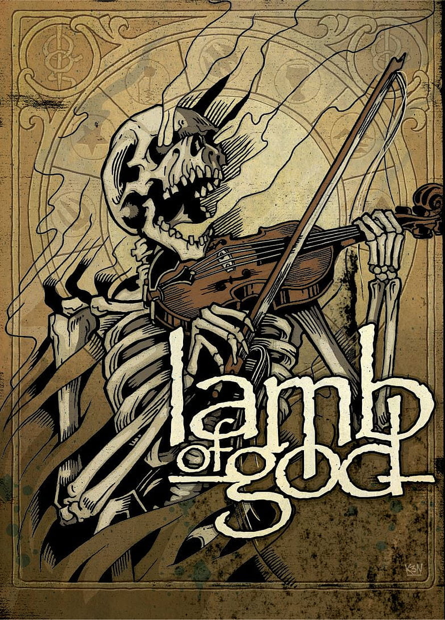 Lamb of God Skeleton Violinist Illustration with Sepia Tones and Gothic Typography HD phone wallpaper