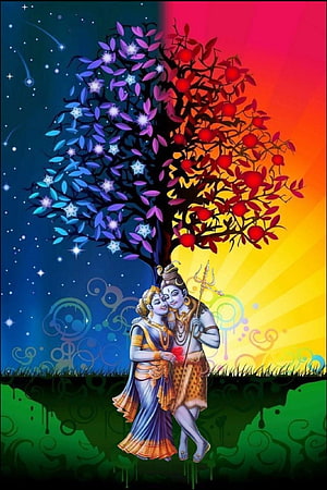 Lord Shiva and Parvati Under a Vibrant Split-Color Tree in Digital Art HD phone wallpaper