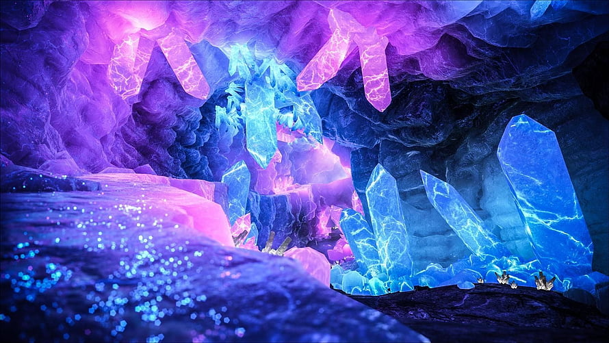 Glowing Crystal Cave with Vibrant Blue and Purple Neon Light HD wallpaper