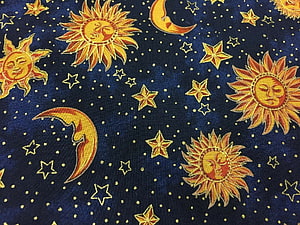Retro Hippie Sun and Moon Pattern on Deep Blue Background with Gold Stars HD wallpaper