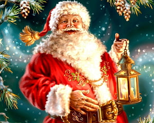 Enchanted Santa Claus Holding a Glowing Lantern Amidst Snowy Pine Branches HD wallpaper
