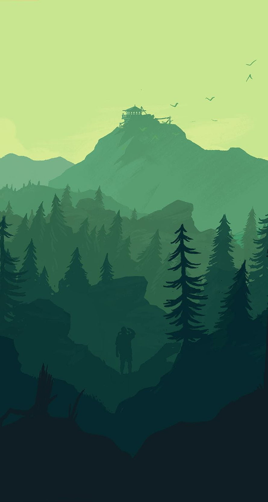 Firewatch Mountain Landscape with Ranger Silhouette and Pine Forest HD phone wallpaper